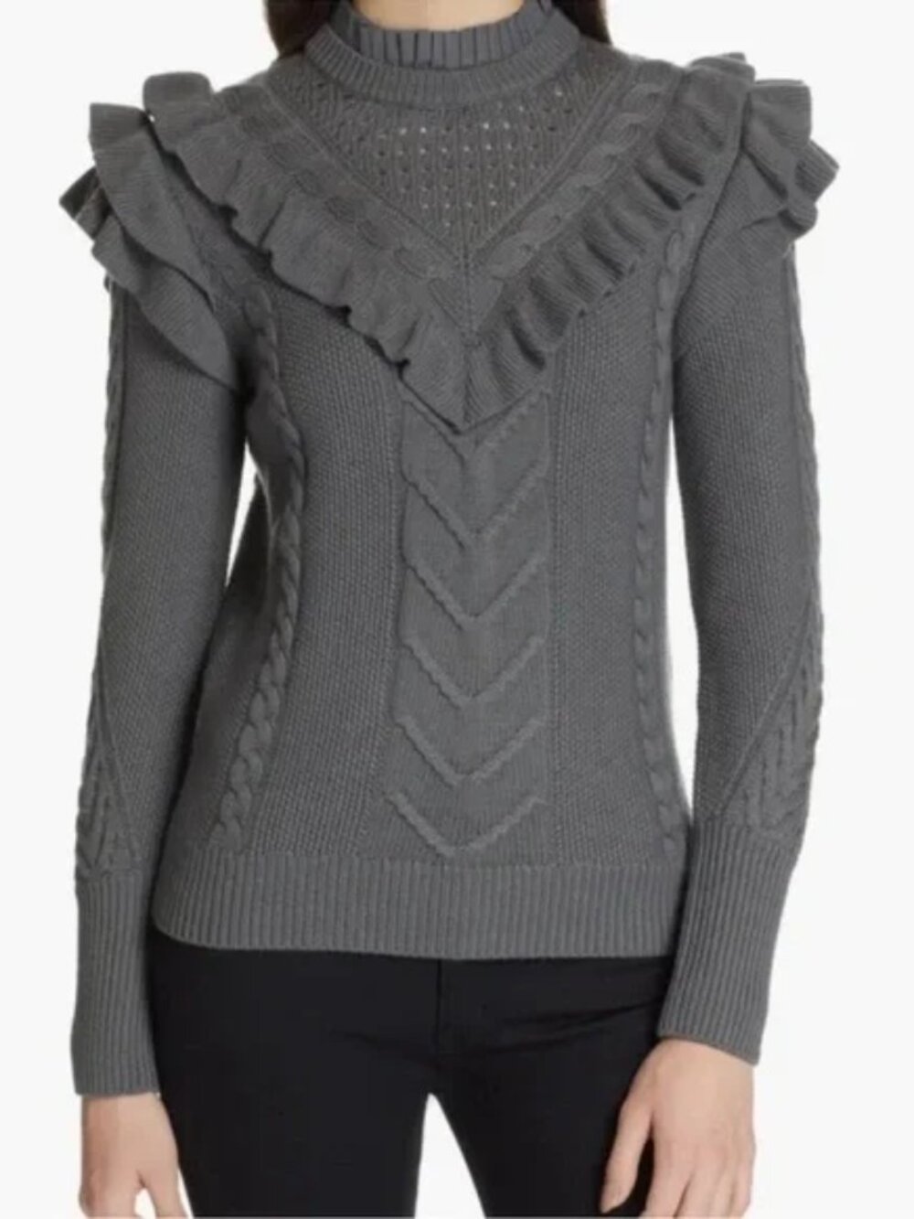 Ted Baker Denita Ruffle Cable Knit Sweater – Charcoal | Size 4 (M/L)
